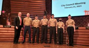 Lebanon Trail HS Navy National Defense Cadet Corps Color Guard posts colors at city council meeting